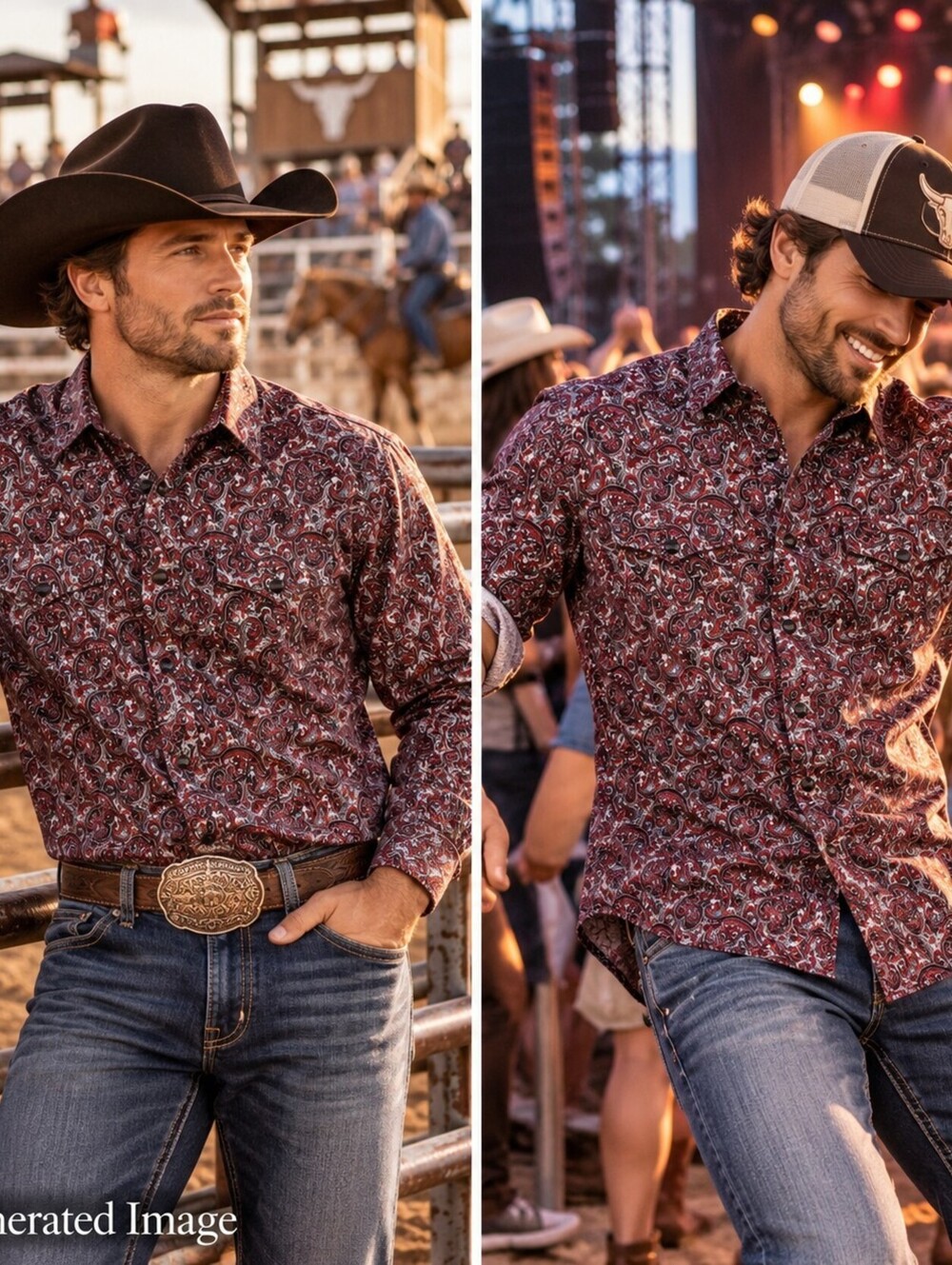 Cody James Mens L Paisley Western Shirt Burgundy Red Cowboy Long Sleeve Cotton